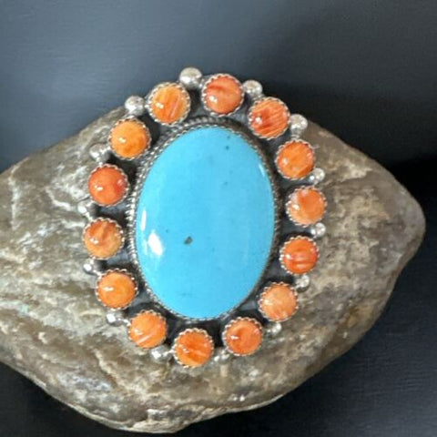 Women's Cluster Turquoise Spiny Oyster Navajo Sterling Silver Ring Size 12 16026