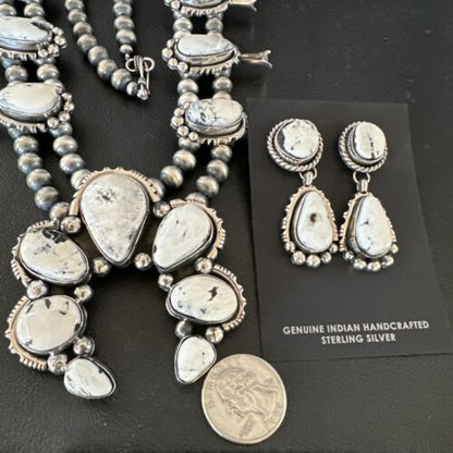 Navajo White Buffalo Turquoise Pendant Earrings | Sterling Silver Squash Blossom Necklace | 17443