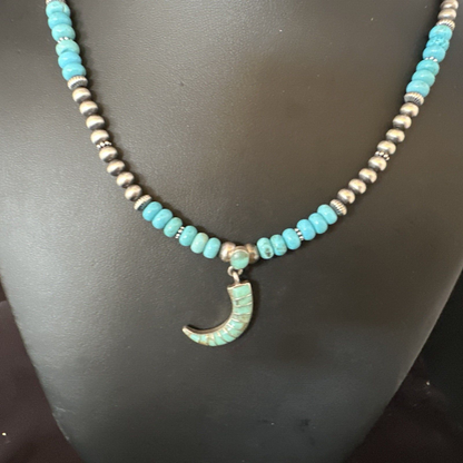 Navajo Blue Turquoise Inlay Pendant | Sterling Silver Necklace | Authentic Native American Handmade | 15422
