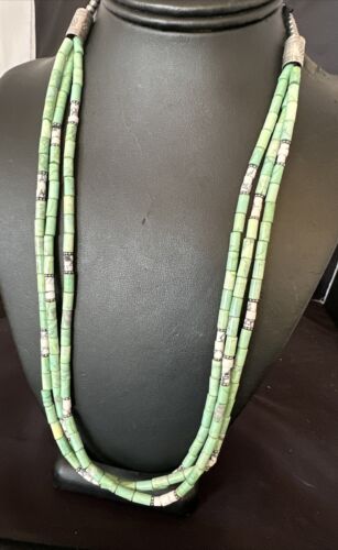 Navajo Pearls Green Turquoise Necklace | Sterling Silver | Authentic Native American Handmade | 3S 17395