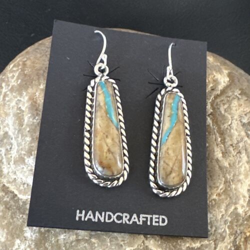 Navajo Blue Boulder Turquoise Dangle Earrings | Sterling Silver | Authentic Native American Handmade | 16498