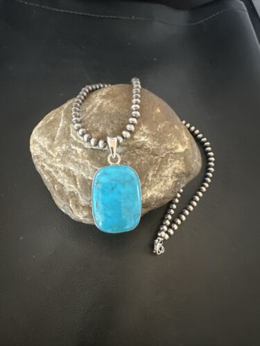 Navajo Blue Kingman Turquoise Pendant Necklace | Sterling Silver | 20" | Authentic Native American Handmade | 16695