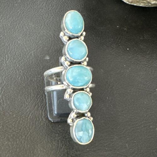Navajo Women's Cluster Blue Larimar Ring | Authentic Native American Sterling Silver | Multi-Stone | Sz 7.5 | 15953