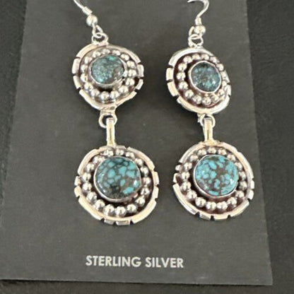 Navajo Blue Spiderweb Turquoise Dangle Earrings | Sterling Silver | Authentic Native American Handmade | 16010 - Masha USA
