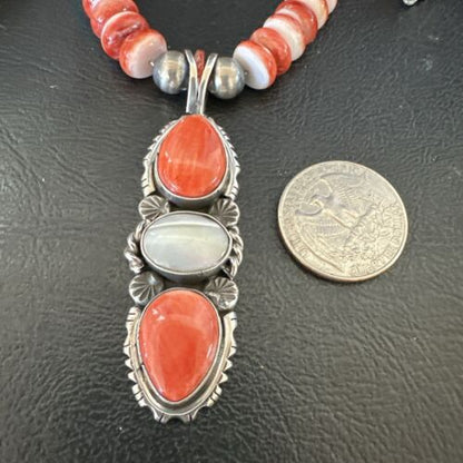 Navajo Red Spiny Oyster Mother of Pearl Pendant Necklace | Sterling Silver | Native American Handmade | 17658