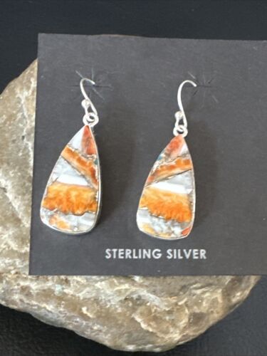 Navajo Blue Turquoise & Orange Spiny Oyster Inlay Dangle Earrings | Sterling Silver | 15583