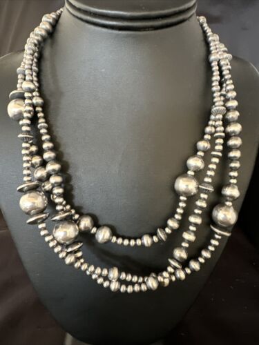 Navajo Pearls Mixed Bead Bib Necklace | Sterling Silver | 3-Strand | 20" | Authentic Native American Handmade | 14954