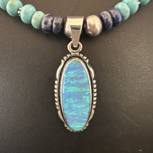 Navajo Opal Inlay Pendant with Turquoise Lapis Pearls | Sterling Silver Necklace | Authentic Native American Handmade | 16846