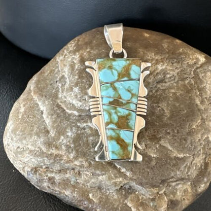 Navajo Blue #8 Turquoise Inlay Pendant | Sterling Silver | 2" | Authentic Native American Handmade | 15681