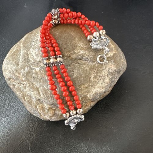 Women's Red Coral 3-Strand Bead Sterling Silver Bracelet 7.5" | Navajo Jewelry | 16468