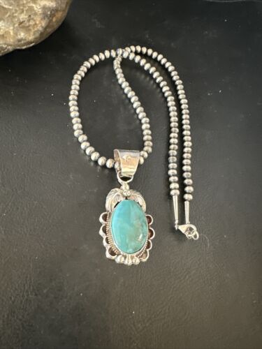 Navajo Pearls Blue Turquoise Necklace Pendant | Sterling Silver | Authentic Native American Handmade | 14881