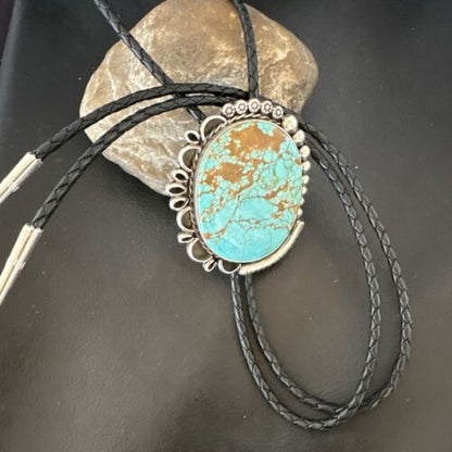 XL Men's Blue Turquoise #8 Bolo Tie | Navajo Sterling Silver | Authentic Native American Handmade | 17006