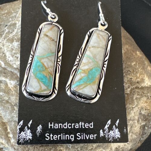 Navajo Blue Boulder Turquoise Dangle Earrings | Sterling Silver | Authentic Native American Handmade | 16496