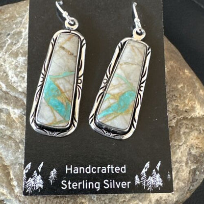 Navajo Blue Boulder Turquoise Dangle Earrings | Sterling Silver | Authentic Native American Handmade | 16496