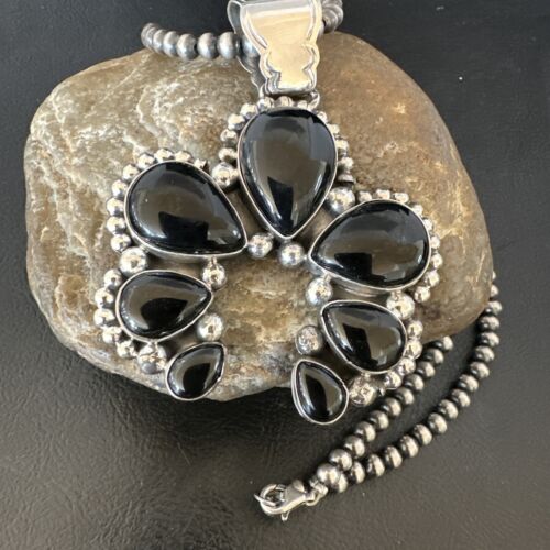 Men's Black Onyx Naja Pendant Necklace | Navajo Pearls | Sterling Silver | Authentic Native American Handmade | 16102