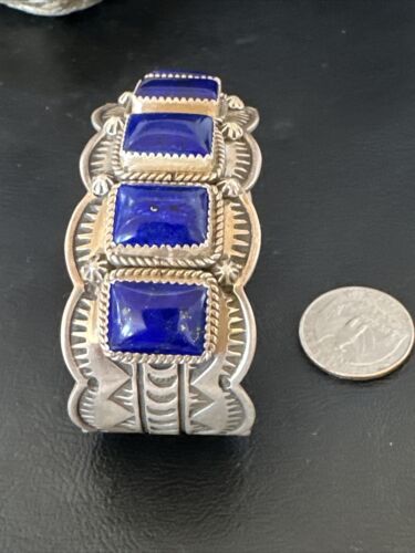 Navajo Blue Lapis 5 Stone Cuff Bracelet | Sterling Silver | XL Men's | Authentic Native American Handmade | 15861