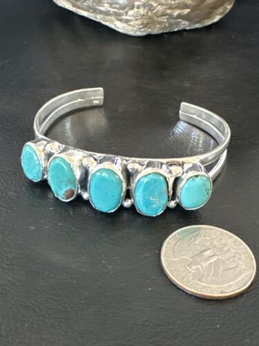 Women's Blue Turquoise 5-Stone Cuff Bracelet | Navajo Sterling Silver | Authentic Native American Jewelry | 16279