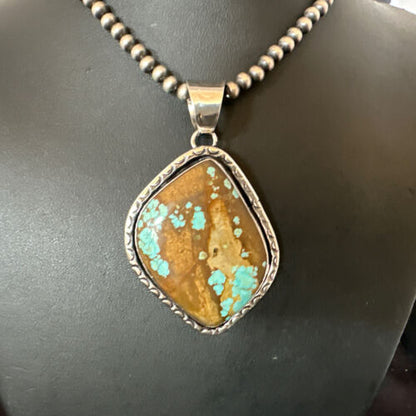 Navajo Blue Turquoise #8 Pendant | Sterling Silver Necklace with Pearls | Authentic Native American Handmade | 16349