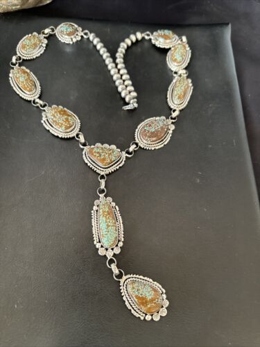 Navajo XL Blue Turquoise #8 Squash Blossom Necklace | Sterling Silver | 18" | Authentic Native American Handmade | 17205