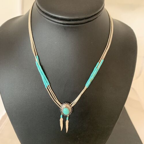 Girls Turquoise Liquid Heishi Necklace | 3-Strand Sterling Silver with Feather Pendant | 02049
