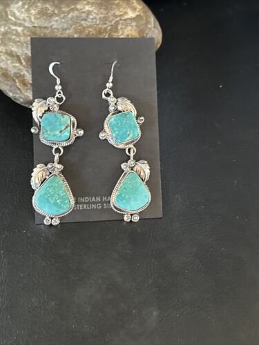 Navajo Blue Kingman Turquoise Dangle Earrings | Sterling Silver | Authentic Native American Handmade | 15185