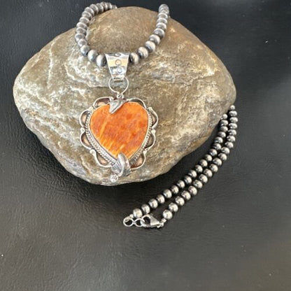 Navajo Orange Spiny Oyster Heart Pendant Necklace | Sterling Silver | Authentic Native American Handmade | 16298