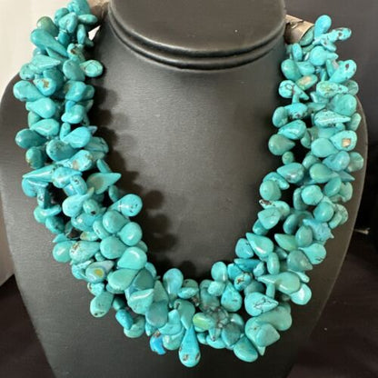 Navajo Teardrop Blue Turquoise Necklace | Sterling Silver Pearls | 19" 3 Strand | Authentic Native American Handmade | 17254