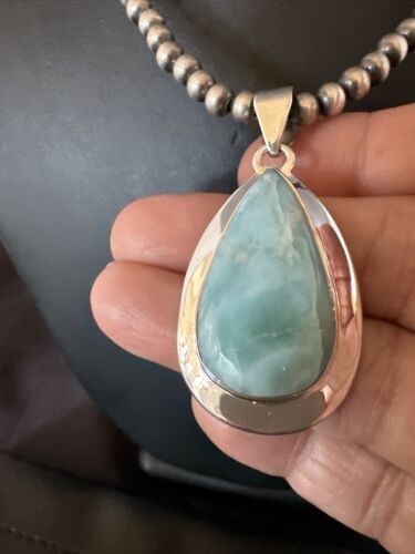 Navajo Blue Larimar Pendant Necklace | Sterling Silver Beads | Authentic Native American Handmade | 17568