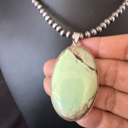 Navajo Green Gaspeite Pendant Necklace | Sterling Silver | Authentic Native American Handmade | 15484