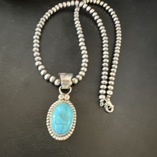 Navajo Pearls Kingman Turquoise Pendant Necklace | Sterling Silver | Authentic Native American Handmade | 17134