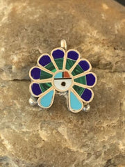 Zuni Sunface Turquoise Lapis Malachite Inlay Pendant | Sterling Silver | 1" | Authentic Native American Handmade | 1183