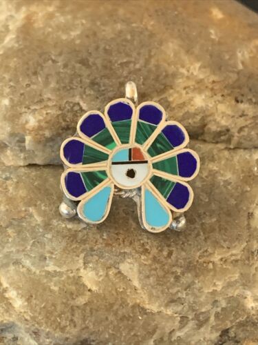 Zuni Sunface Turquoise Lapis Malachite Inlay Pendant | Sterling Silver | 1" | Authentic Native American Handmade | 1183