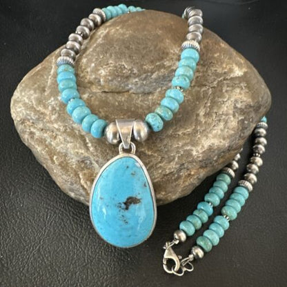 Navajo Blue Kingman Turquoise Pendant Necklace | Sterling Silver | 21" | Authentic Native American Handmade | 16932