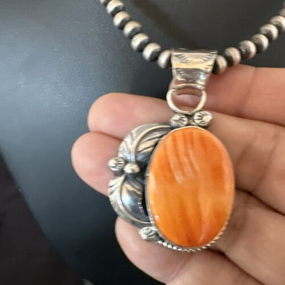 Navajo Orange Spiny Oyster Pendant Necklace | Sterling Silver | Authentic Native American Handmade | 15630