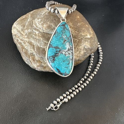 Men's Navajo Blue Spiderweb Turquoise Pendant Necklace | Sterling Silver | Authentic Native American Handmade | 16206
