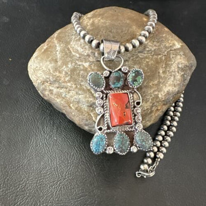 Navajo Turquoise Coral Cluster Pendant Necklace | Sterling Silver | Native American Handmade | 17185