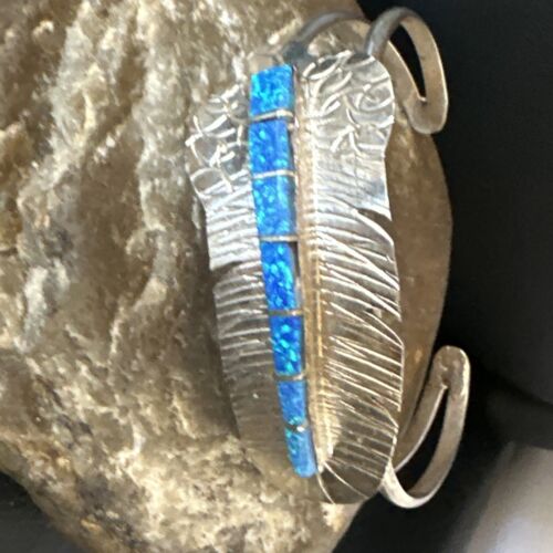 Navajo Sterling Silver Bracelet with Blue Fire Opal Inlay | 7" | Authentic Native American Handmade | 15070