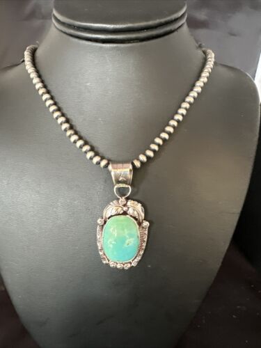 Navajo Pearls Blue Turquoise Necklace Pendant | Sterling Silver | Authentic Native American Handmade | 17390