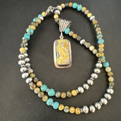 Men's BumbleBee Jasper Pendant Necklace | Navajo Pearls | Sterling Silver | Authentic Native American | 16881