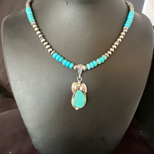 Navajo Blue Turquoise Pendant with Pearls | Sterling Silver Necklace | Authentic Native American Handmade | 15416