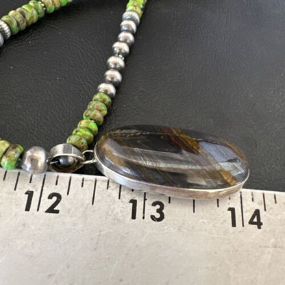 Navajo Green Turquoise Jasper Pendant | Sterling Silver Necklace | Authentic Native American Handmade | 16922
