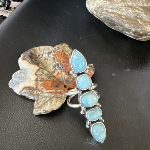 Navajo Blue Larimar Cluster Ring | Authentic Native American Sterling Silver | Multi-Stone | Sz 8.5 | 15935