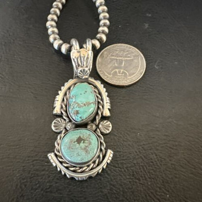 Navajo Blue Kingman Turquoise 2 Stone Cluster Pendant | Sterling Silver | Authentic Native American Handmade | 17634