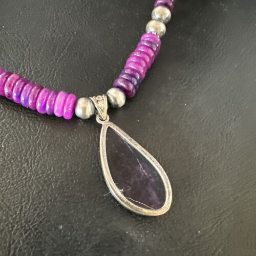 Navajo Pearls Purple Sugilite Pendant Necklace | Sterling Silver Beads | Authentic Native American Handmade | 15373