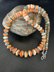 Navajo Orange Spiny Blue Turquoise Necklace | Sterling Silver | 23" | Authentic Native American Handmade | 17544