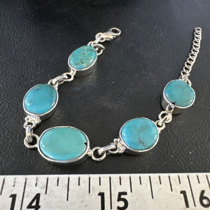 Navajo Blue Turquoise Link Bracelet | Sterling Silver | 8" | Authentic Native American Handmade | 15470