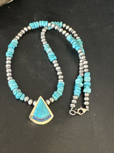 Navajo Kingman Turquoise Pendant Necklace | Sterling Silver | Native American Handmade | 14832