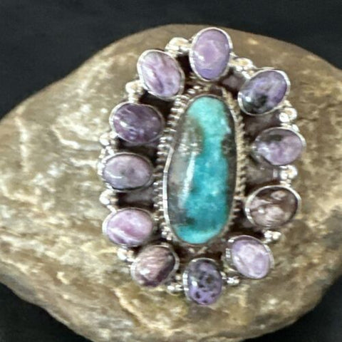 Cluster Kingman Turquoise Charoite Navajo Sterling Silver Ring Size 10 17181