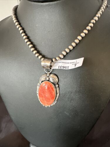 Navajo Orange Spiny Oyster Pendant Necklace | Sterling Silver | Authentic Native American Handmade | 15631
