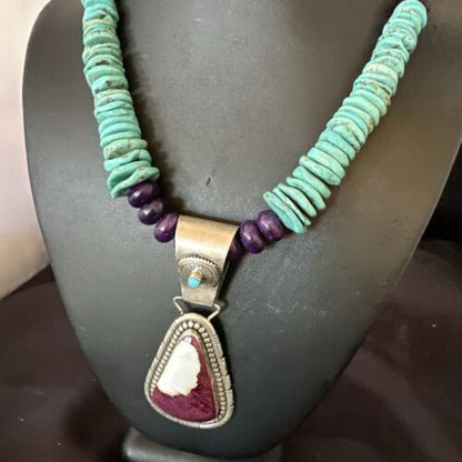 Navajo XL Turquoise Purple Spiny Oyster Pendant Necklace | Sterling Silver | Authentic Native American Handmade | 25" | 17464